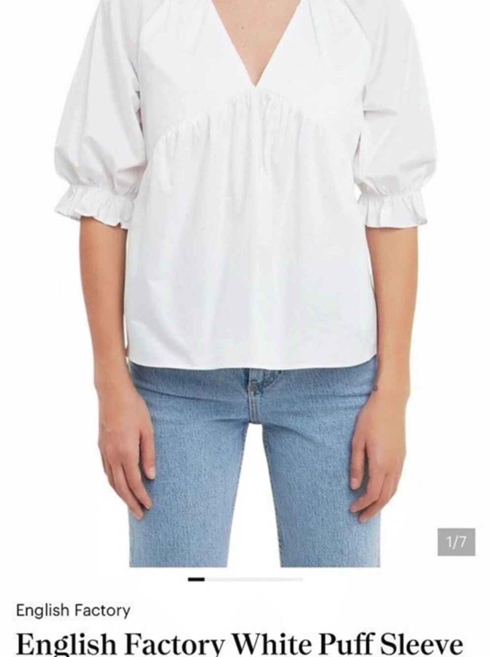 English Factory White Puff Sleeve V-Neck Babydoll Top Size Small